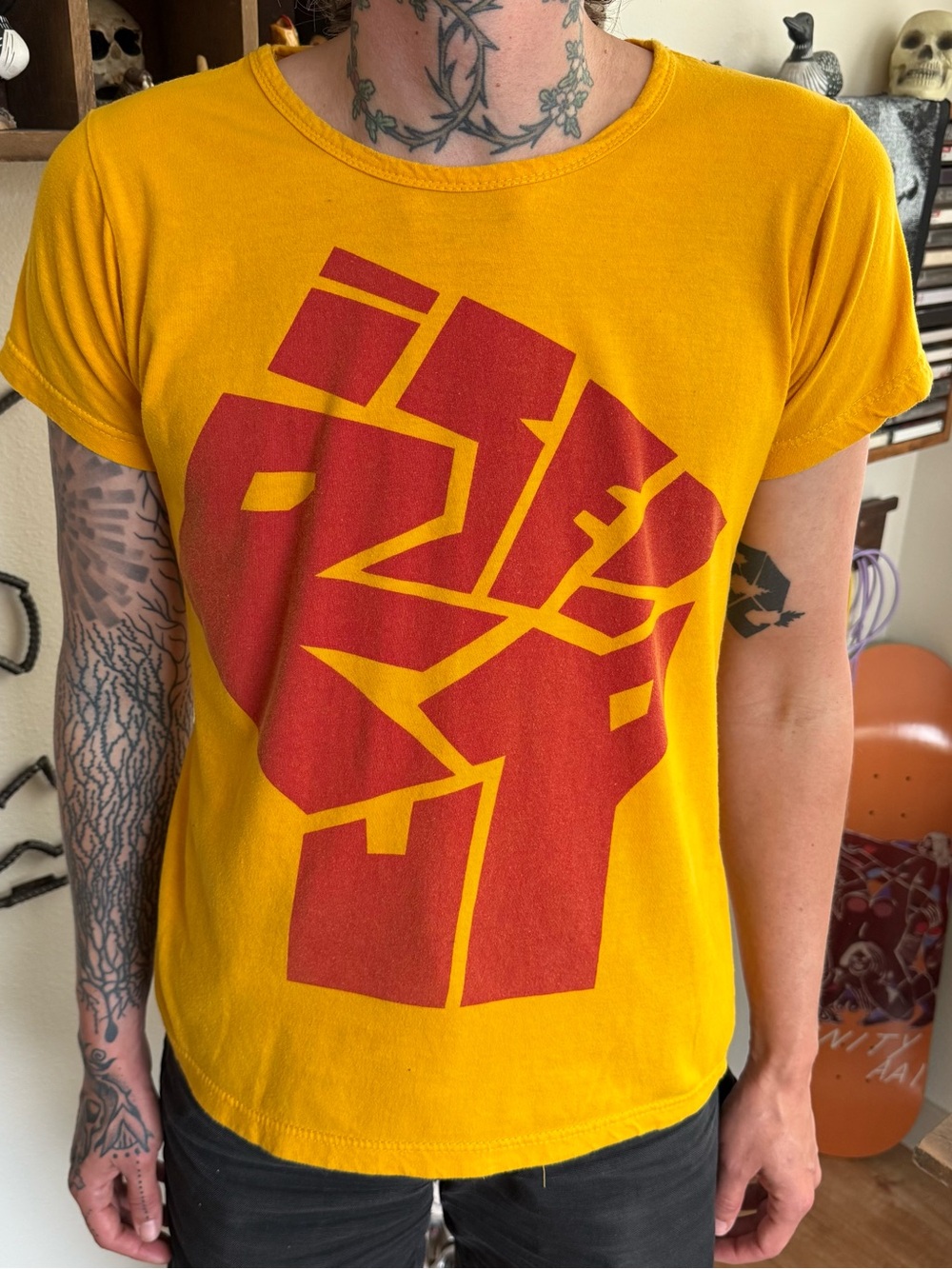 Vintage 90s Rise Up Fist Golden Yellow Graphic Tee ~ Size Medium